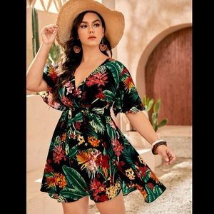 V-Neck Belted Boho Tropical Plus Size Dress